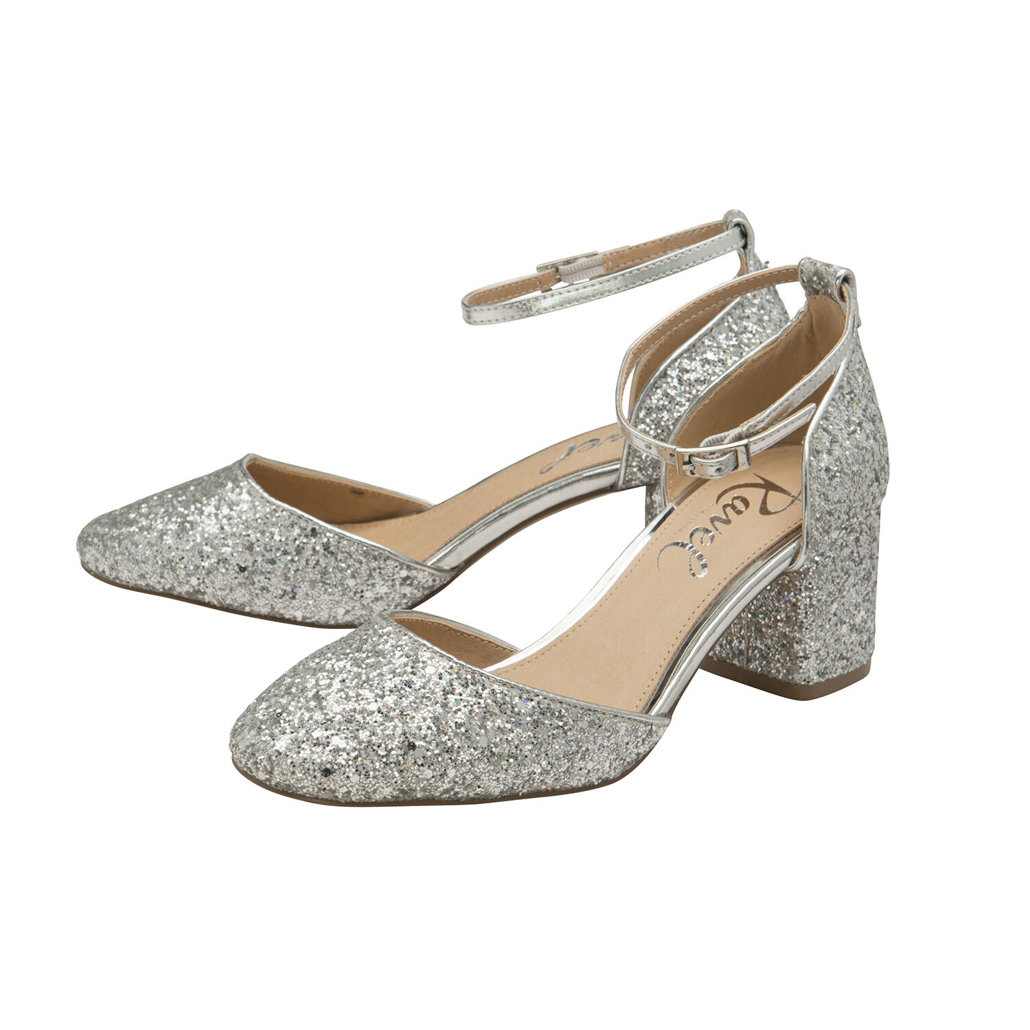 silver glitter low heels
