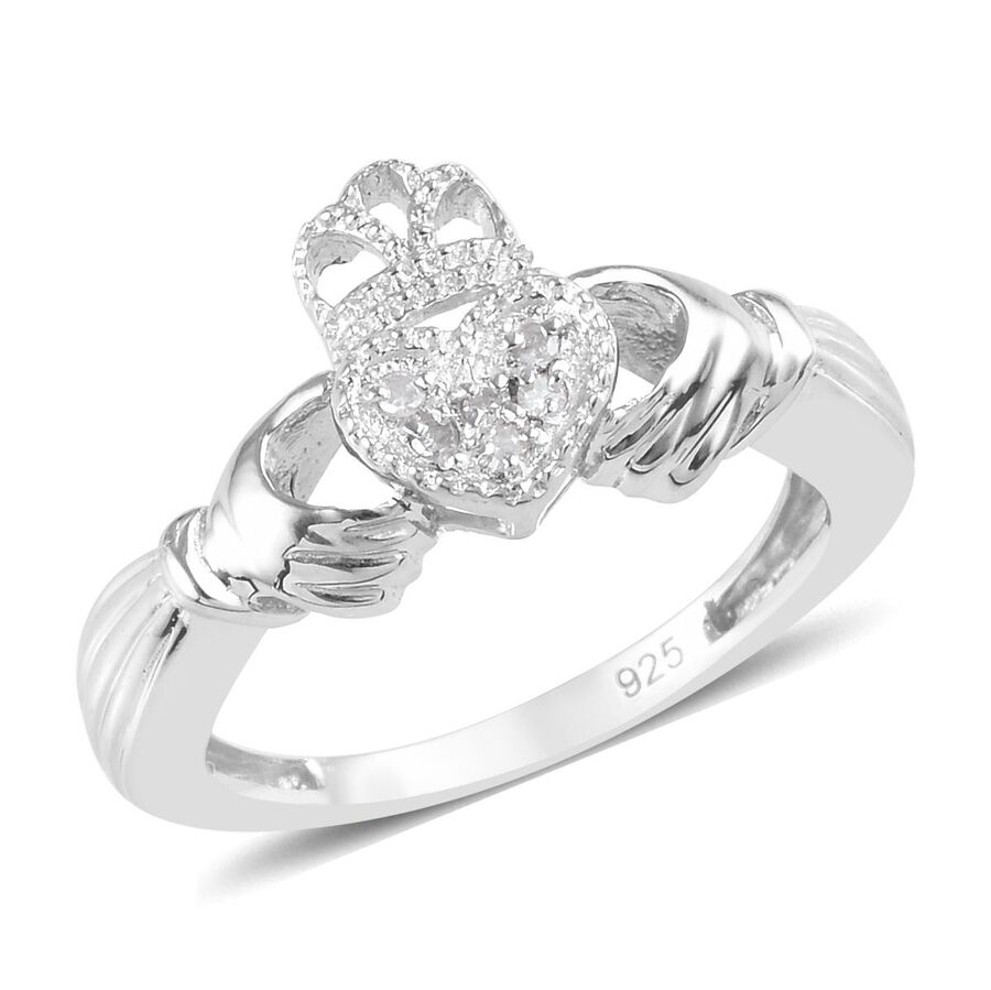 Diamond (Rnd) Claddagh Ring in Platinum Overlay Sterling Silver 0.050 ...