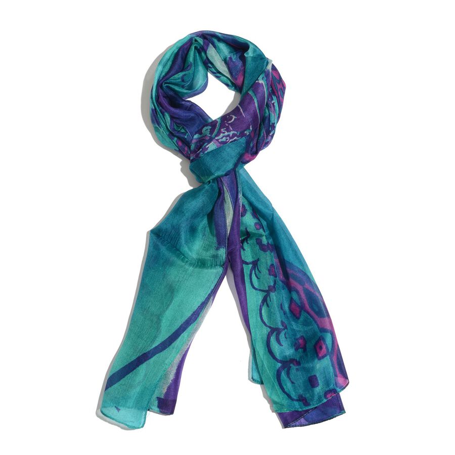 100% Mulberry Silk Sea Green and Multi Colour Printed Scarf (Size ...