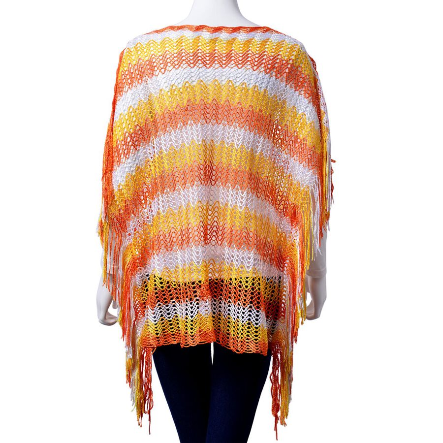 Lace Pattern Orange and White Colour Poncho with Tassels (Size 90x55 Cm ...