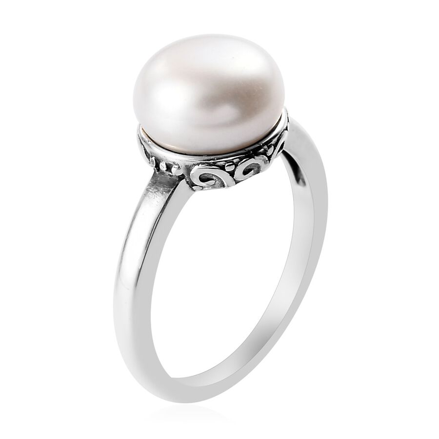 Freshwater Pearl Solitaire Ring in Rhodium Plated Sterling Silver ...