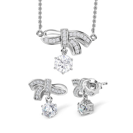 Moissanite Bowknot Necklace (Size - 20) and Earrings in Platinum Overlay Sterling Silver