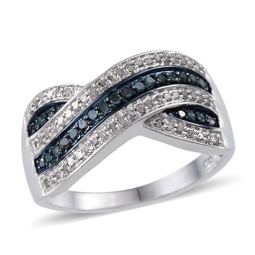 Blue Diamond (Rnd), White Diamond Criss Cross Ring in Platinum Overlay ...