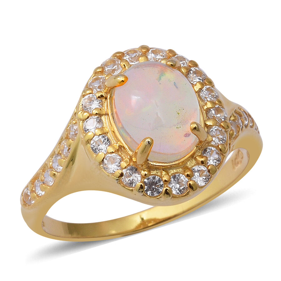 2.04 Ct Ethiopian Welo Opal and White Zircon Ring in Yellow Gold Plated ...