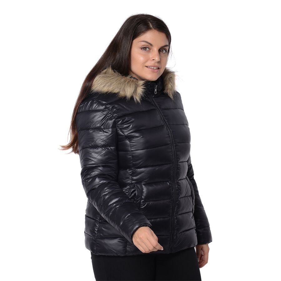 Women Puffer Jacket with Faux Fur Trim Hood and Two Pockets in Black ...