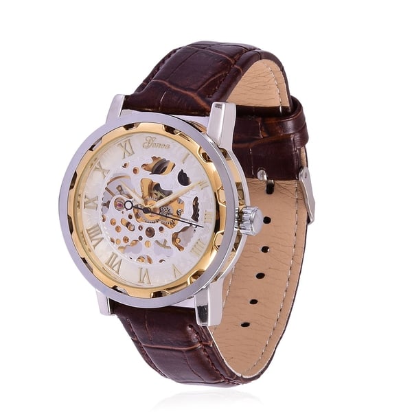 GENOA Automatic Skeleton White and Golden Dial Water Resistant Watch in Silver Tone with Stainless S