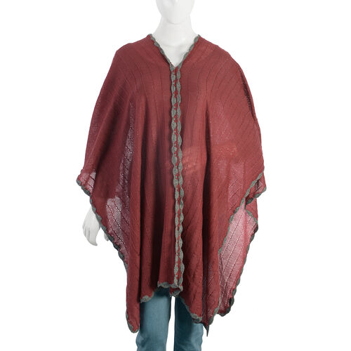 Wine Red Colour Crochet Work Poncho (Size 92x52 Cm) - 3246902 - TJC