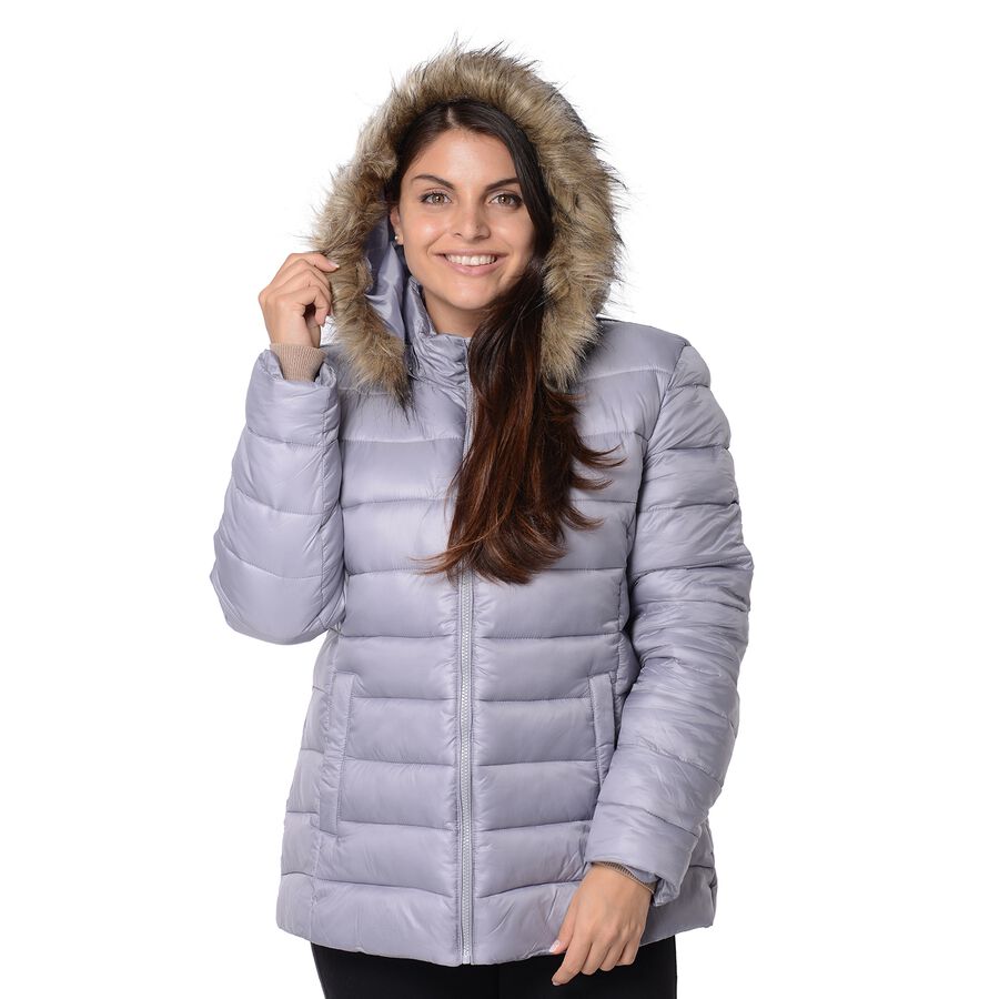 Women Puffer Jacket with Faux Fur Trim Hood and Two Pockets in Silver ...