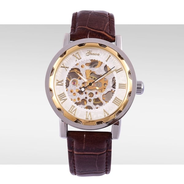 GENOA Automatic Skeleton White and Golden Dial Water Resistant Watch in Silver Tone with Stainless Steel Back and Black Strap