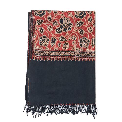 100% Merino Wool Rose Pattern Embroidered Black Colour Shawl (Size ...