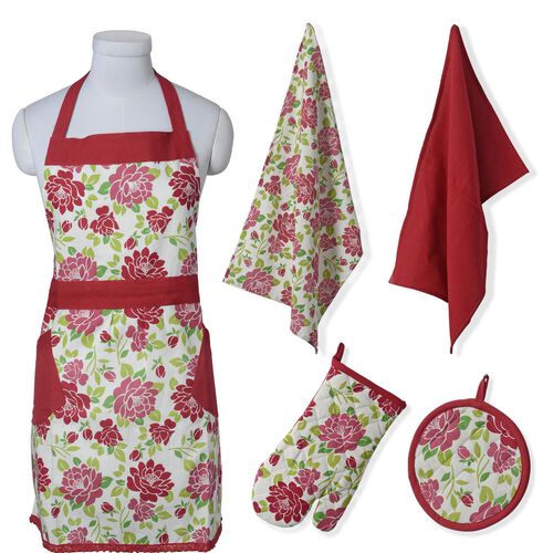 Kitchen Textile - 100% Cotton Red and Green Colour Floral and Leaves ...