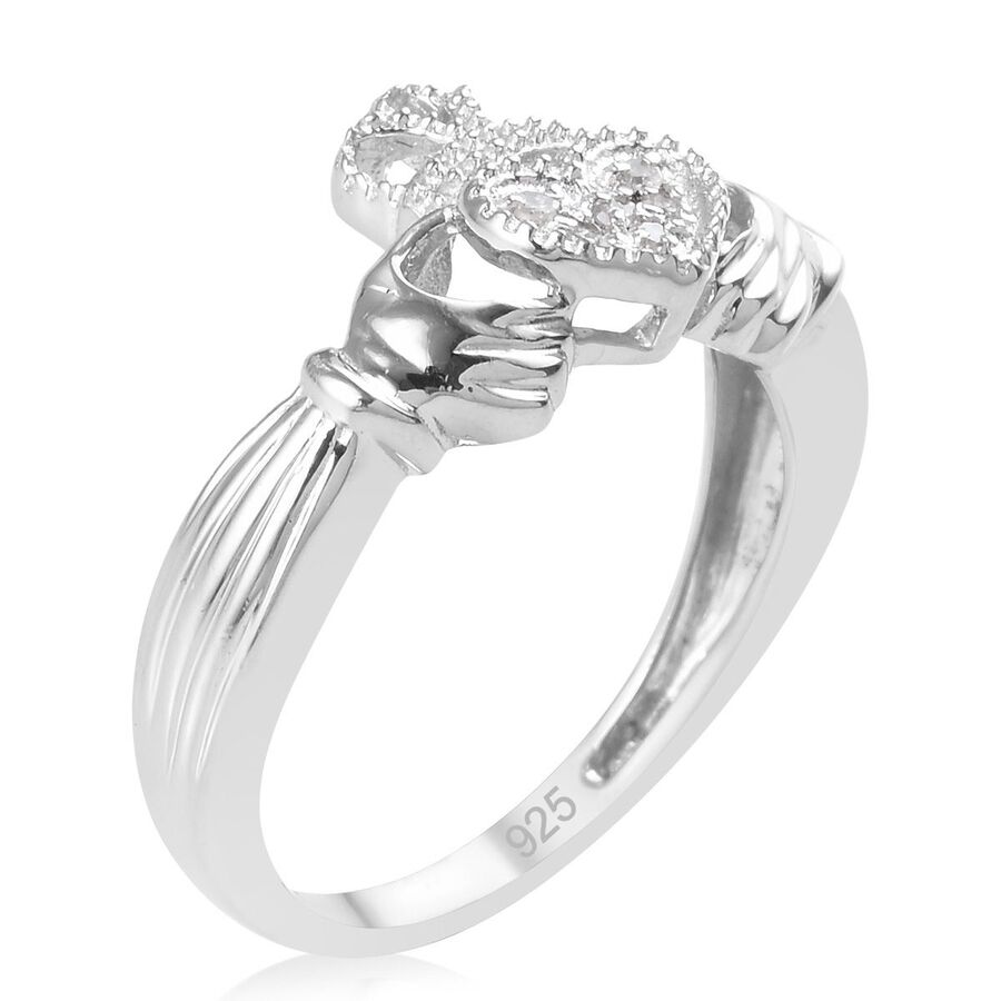 Diamond (Rnd) Claddagh Ring in Platinum Overlay Sterling Silver 0.050 ...