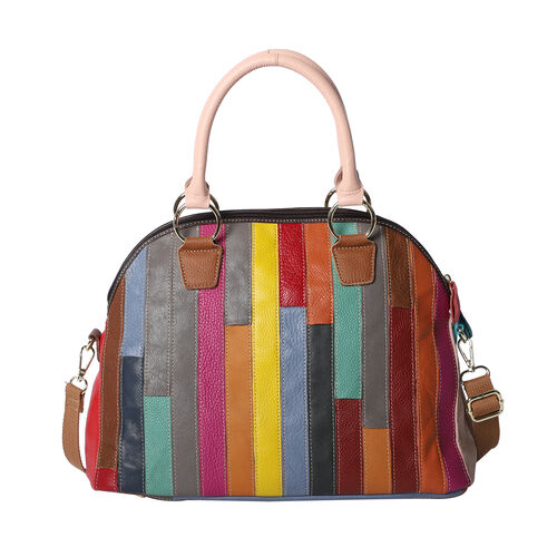 100% Genuine Leather Stripe-Pattern Handbag with Detachable Shoulder ...
